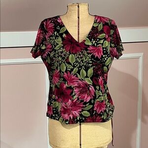 Emma James V-Neck Short Sleeve Top Medium Black with Fuchsia and Green,